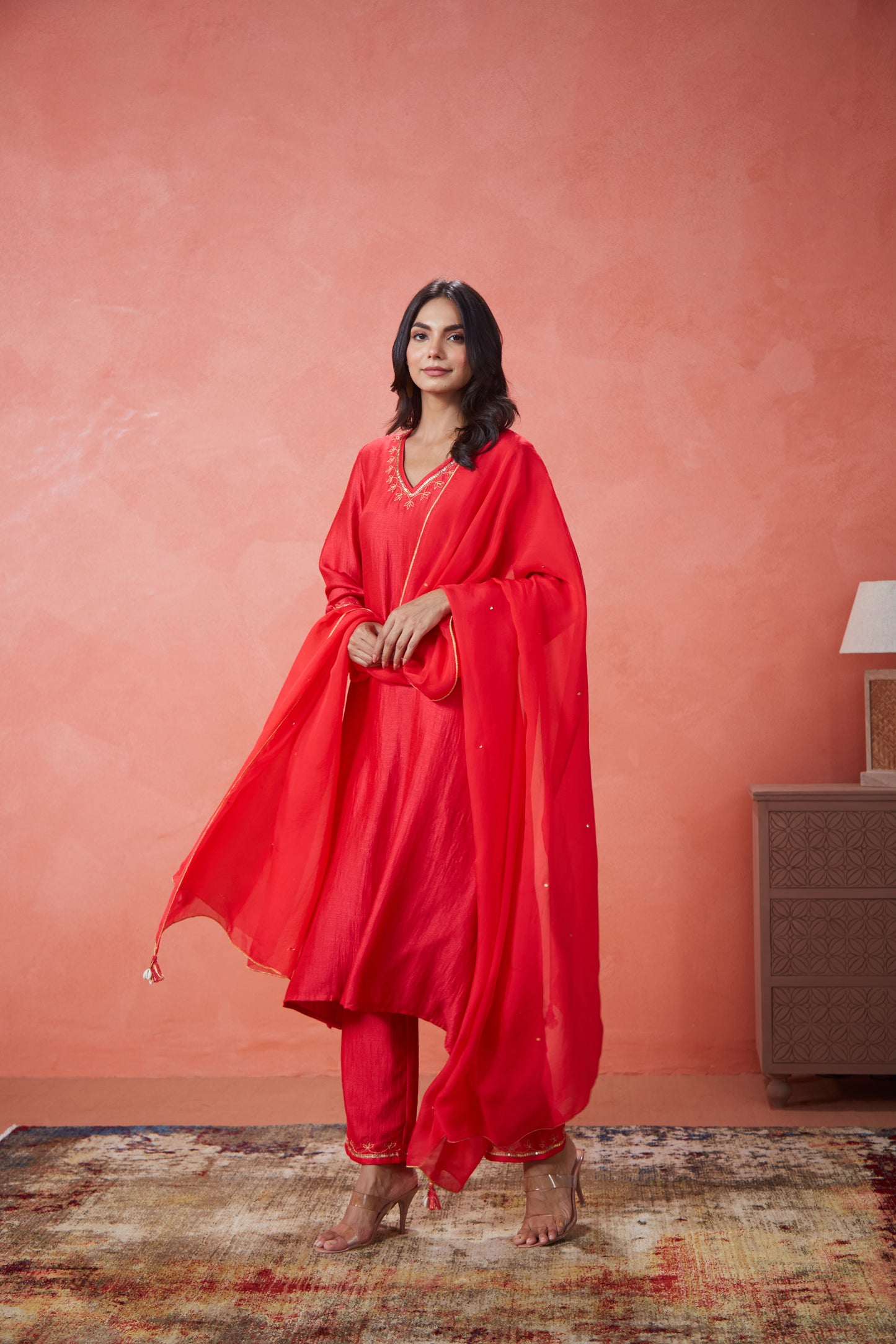 Red Noor Embroidered Suit Set (Set Of Three)