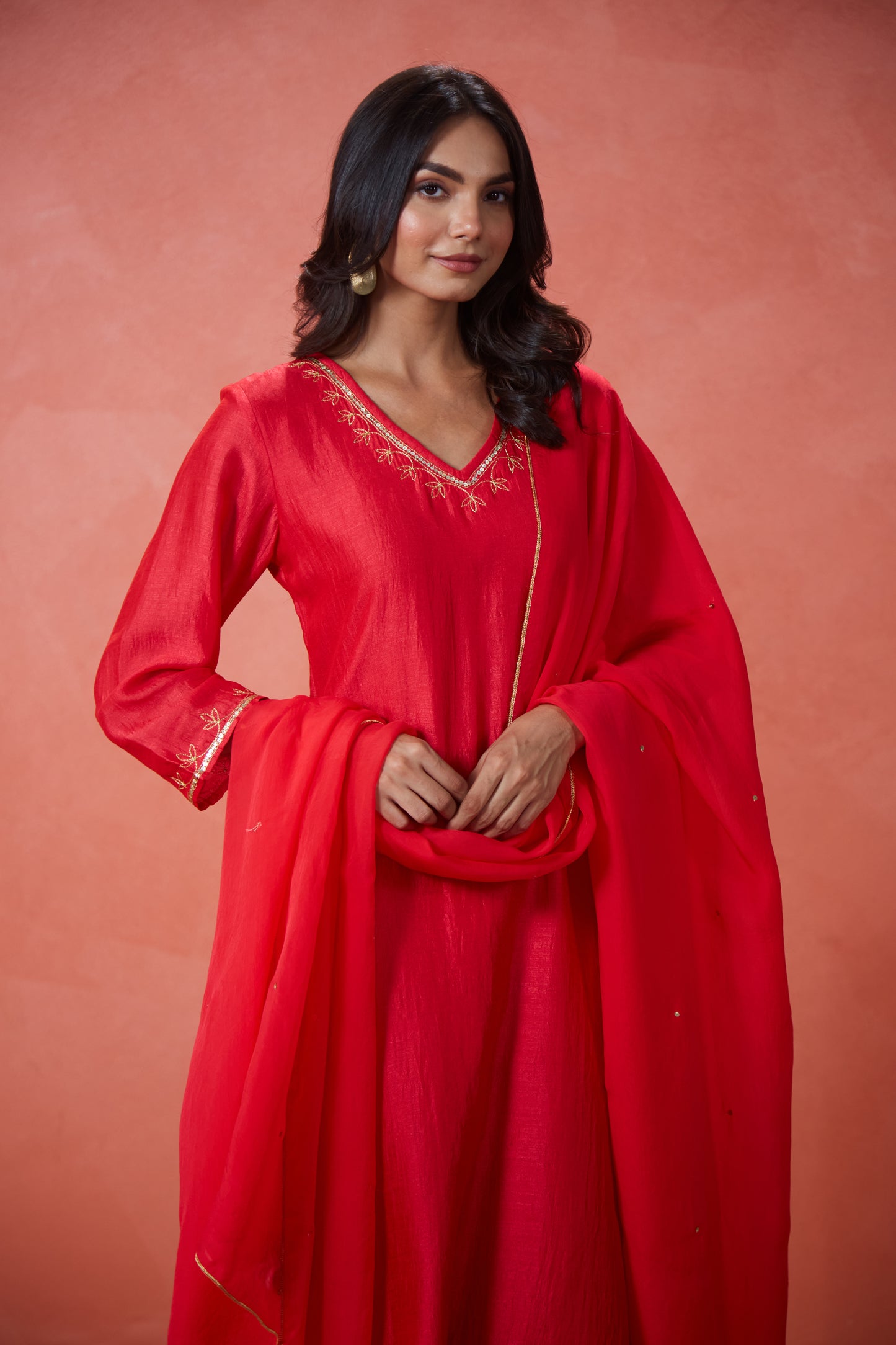Red Noor Embroidered Suit Set (Set Of Three)