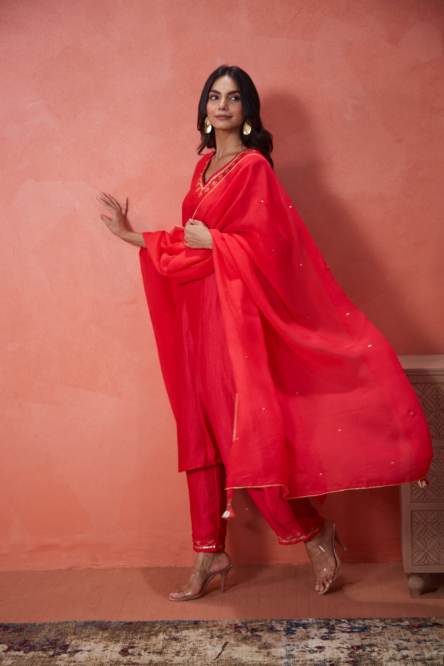 Red Noor Embroidered Suit Set (Set Of Three)