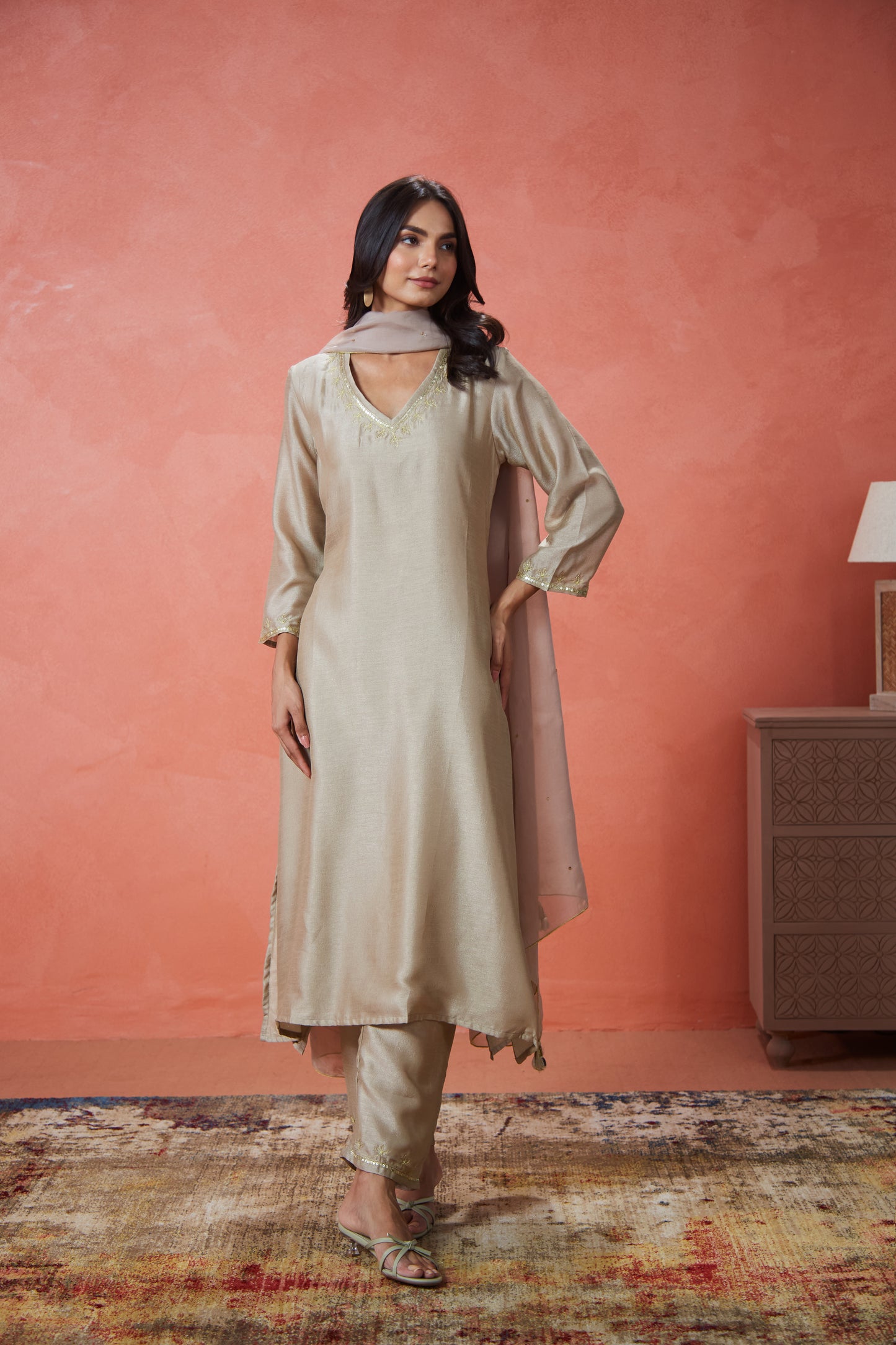 Soft Gold Noor Embroidered Suit Set (Set Of Three)