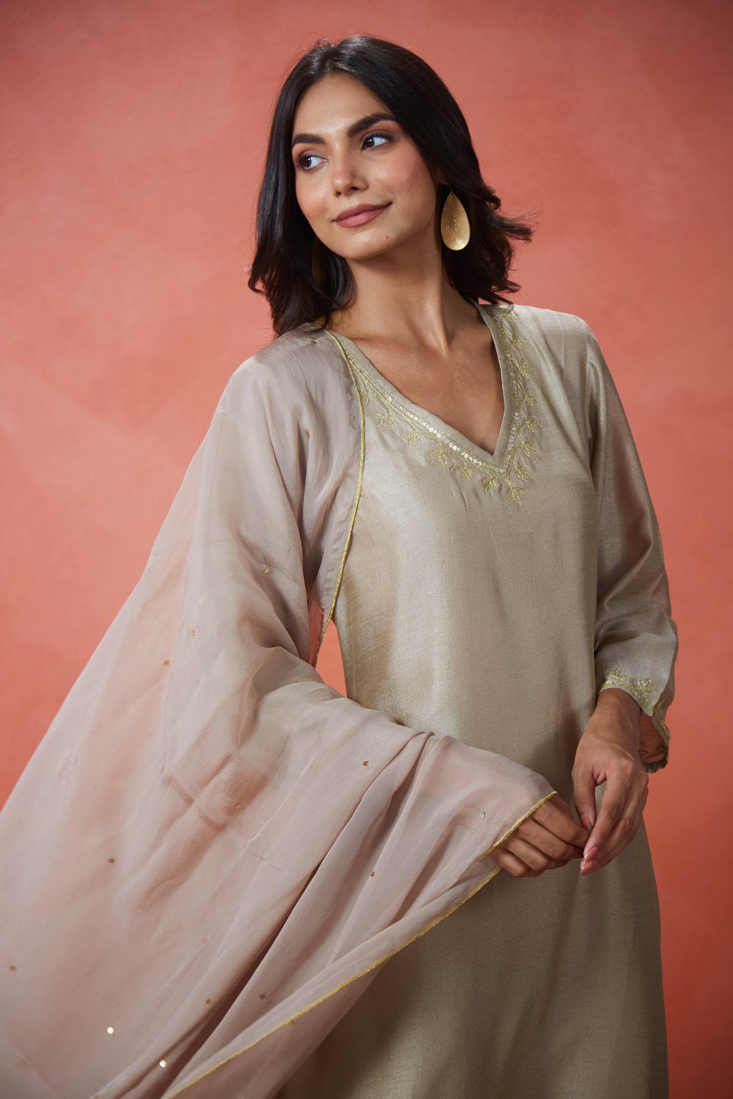 Soft Gold Noor Embroidered Suit Set (Set Of Three)