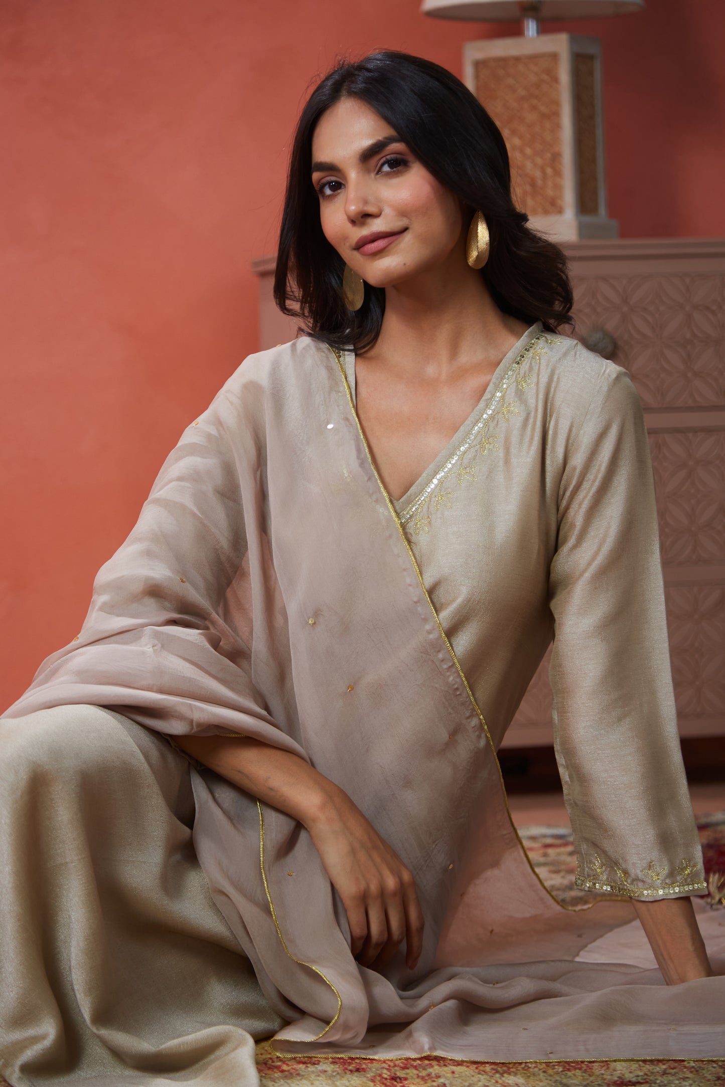 Soft Gold Noor Embroidered Suit Set (Set Of Three)