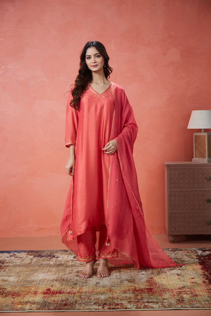 Coral Noor Embroidered Suit Set (Set Of Three)