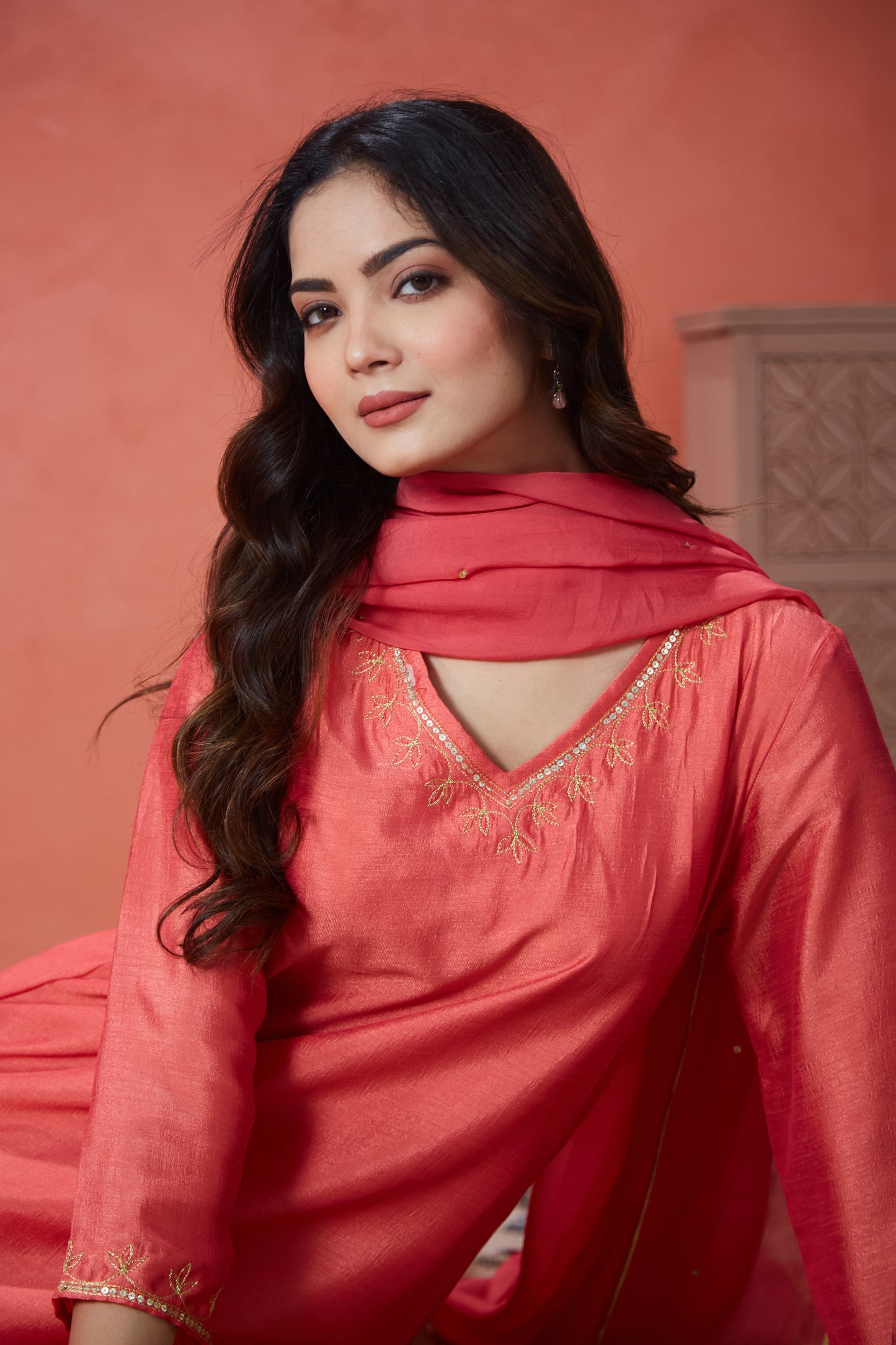 Coral Noor Embroidered Suit Set (Set Of Three)