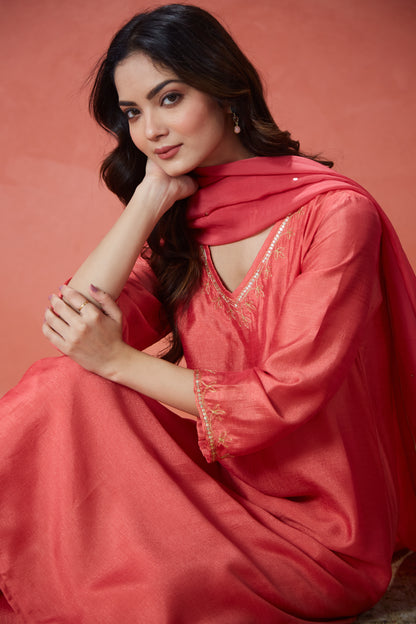 Coral Noor Embroidered Suit Set (Set Of Three)