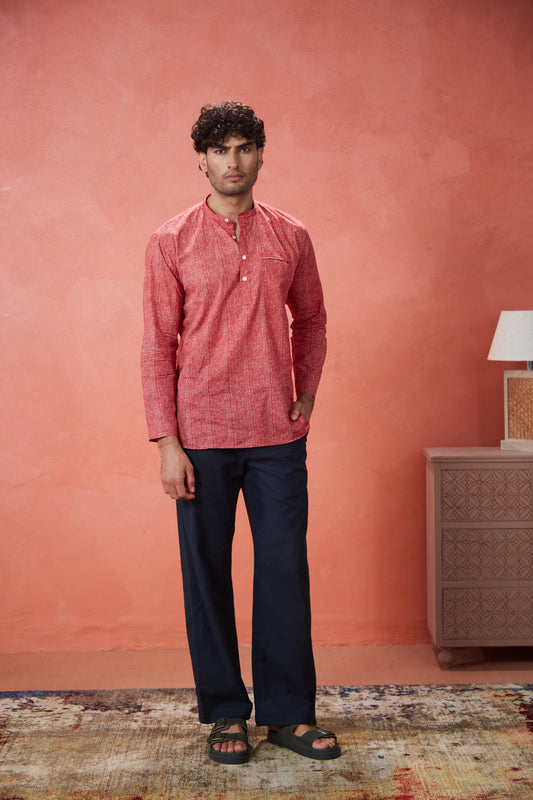 Brick Red Textured Cotton Kurta Shirt