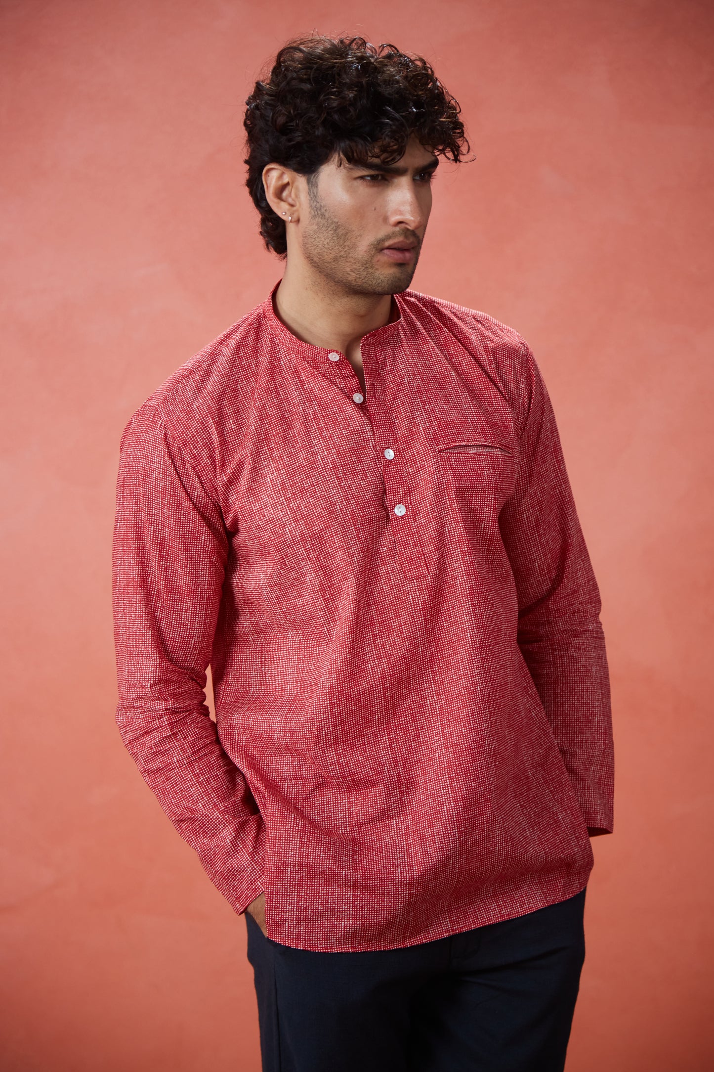 Brick Red Textured Cotton Kurta Shirt