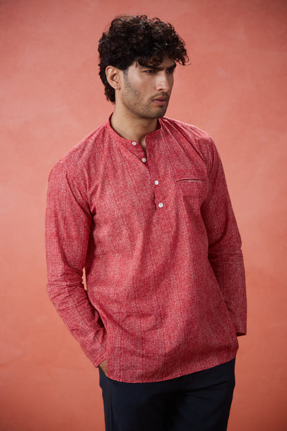 Brick Red Textured Cotton Kurta Shirt