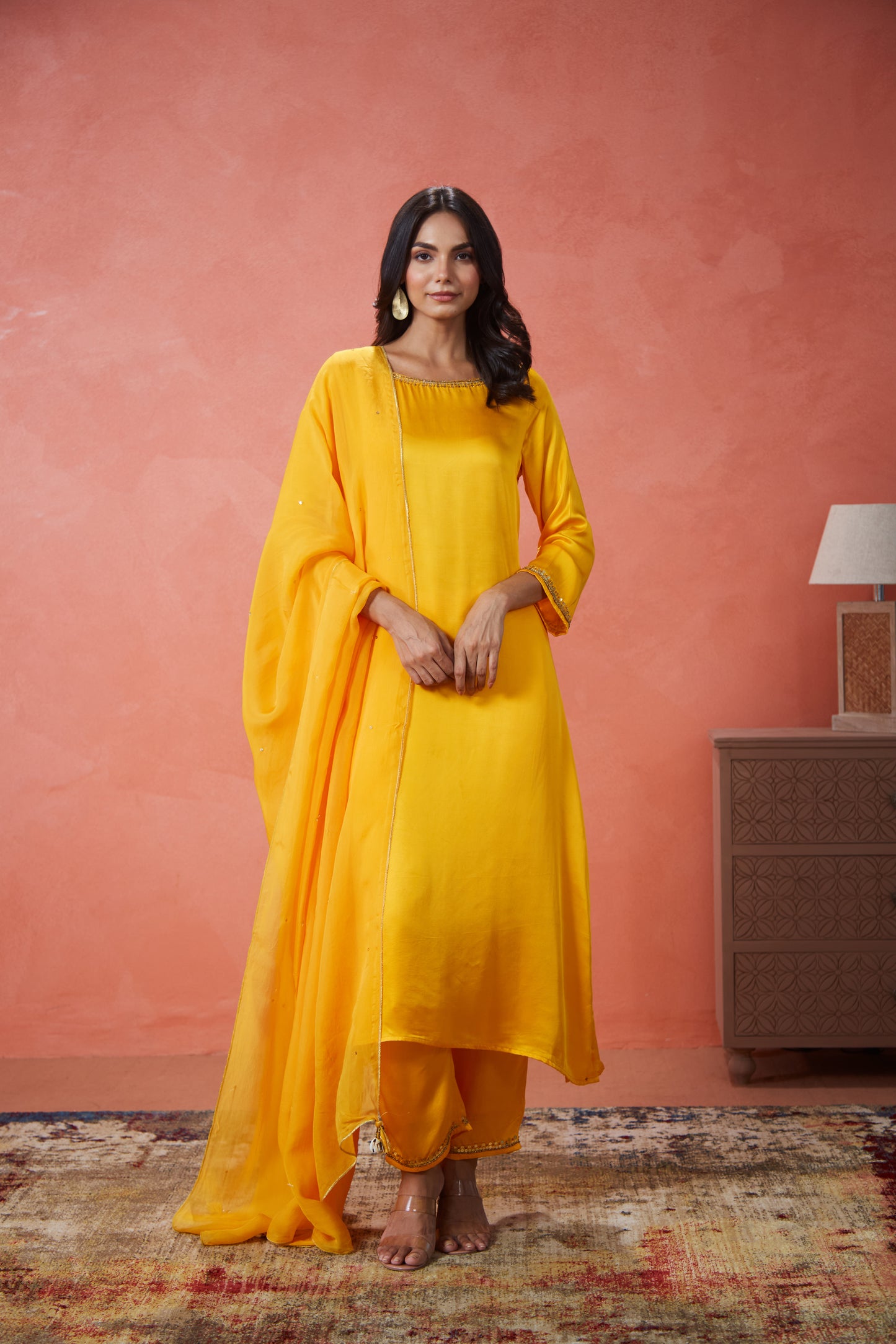 Sunehri Yellow Embroidered Suit Set (Set Of Three)