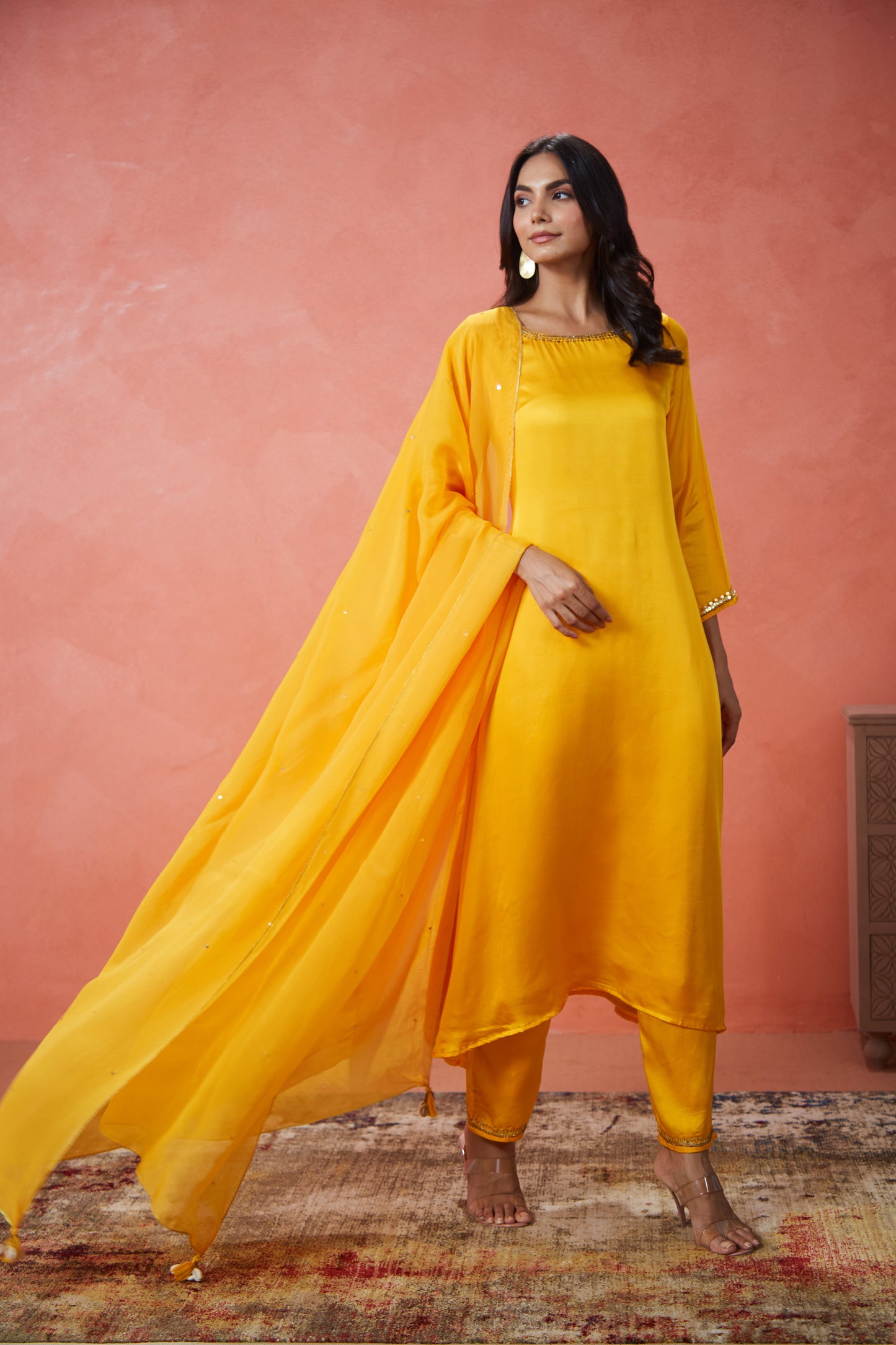 Sunehri Yellow Embroidered Suit Set (Set Of Three)