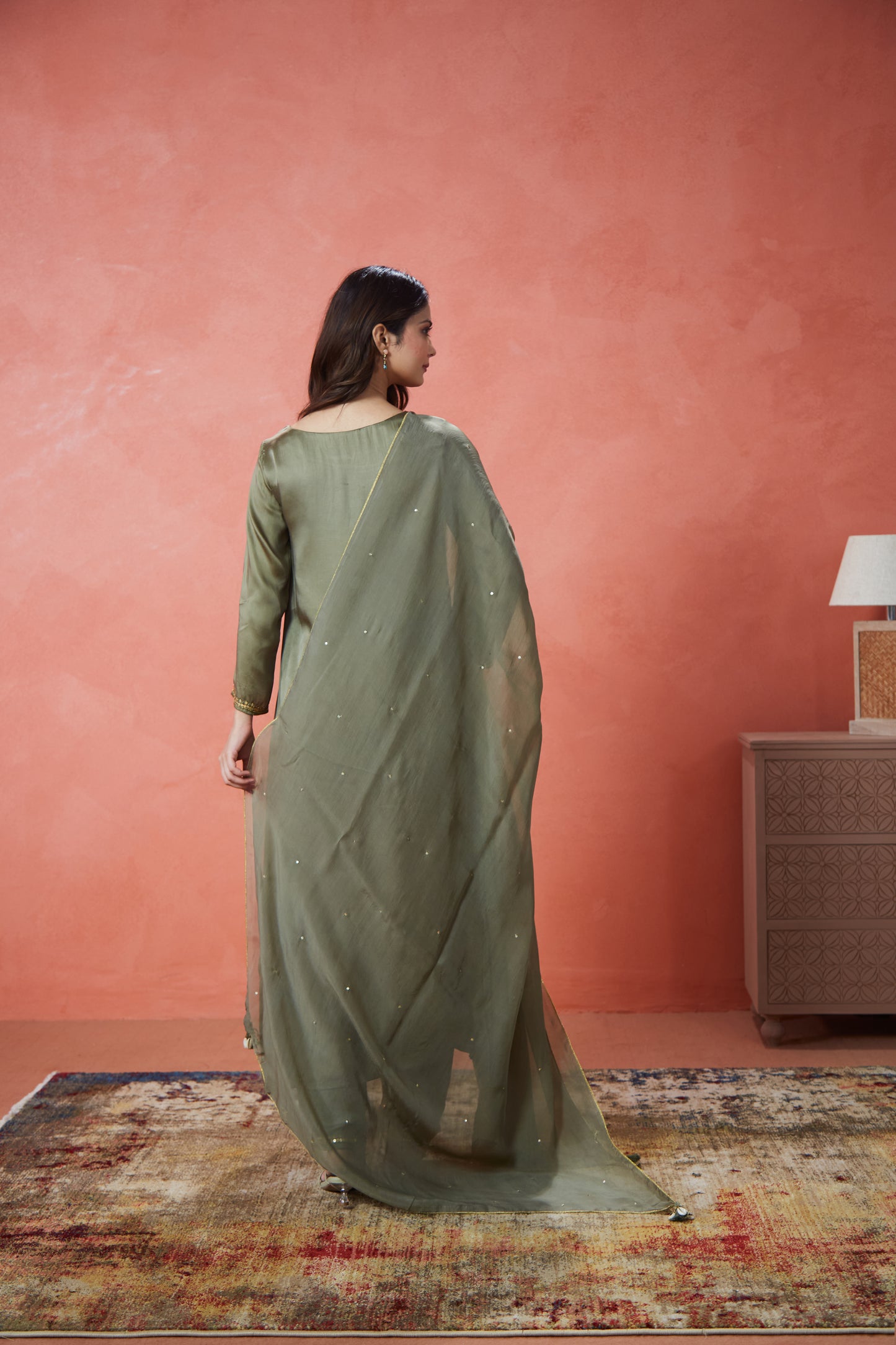 Sunehri Olive Green Embroidered Suit Set (Set Of Three)