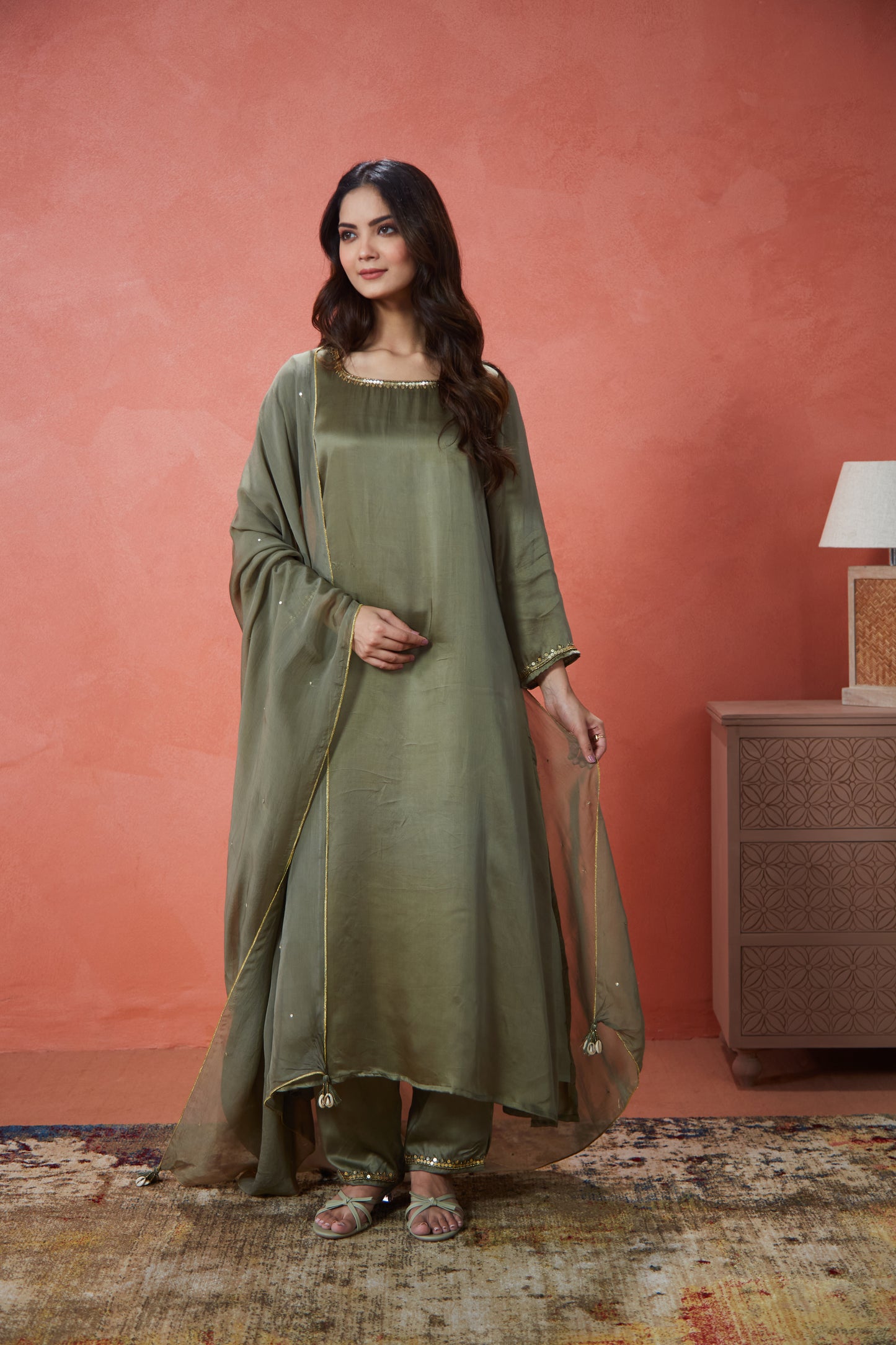 Sunehri Olive Green Embroidered Suit Set (Set Of Three)