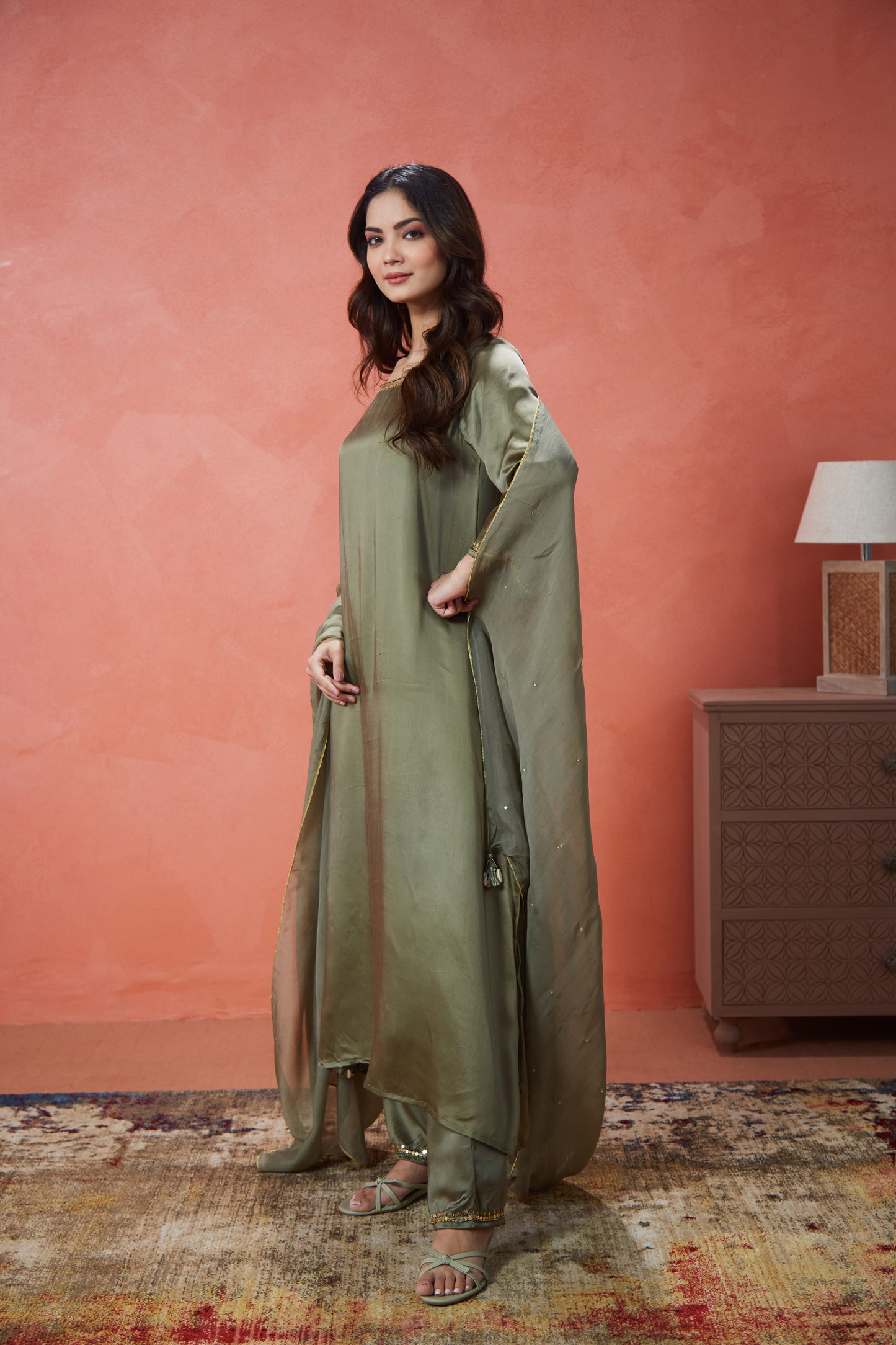 Sunehri Olive Green Embroidered Suit Set (Set Of Three)