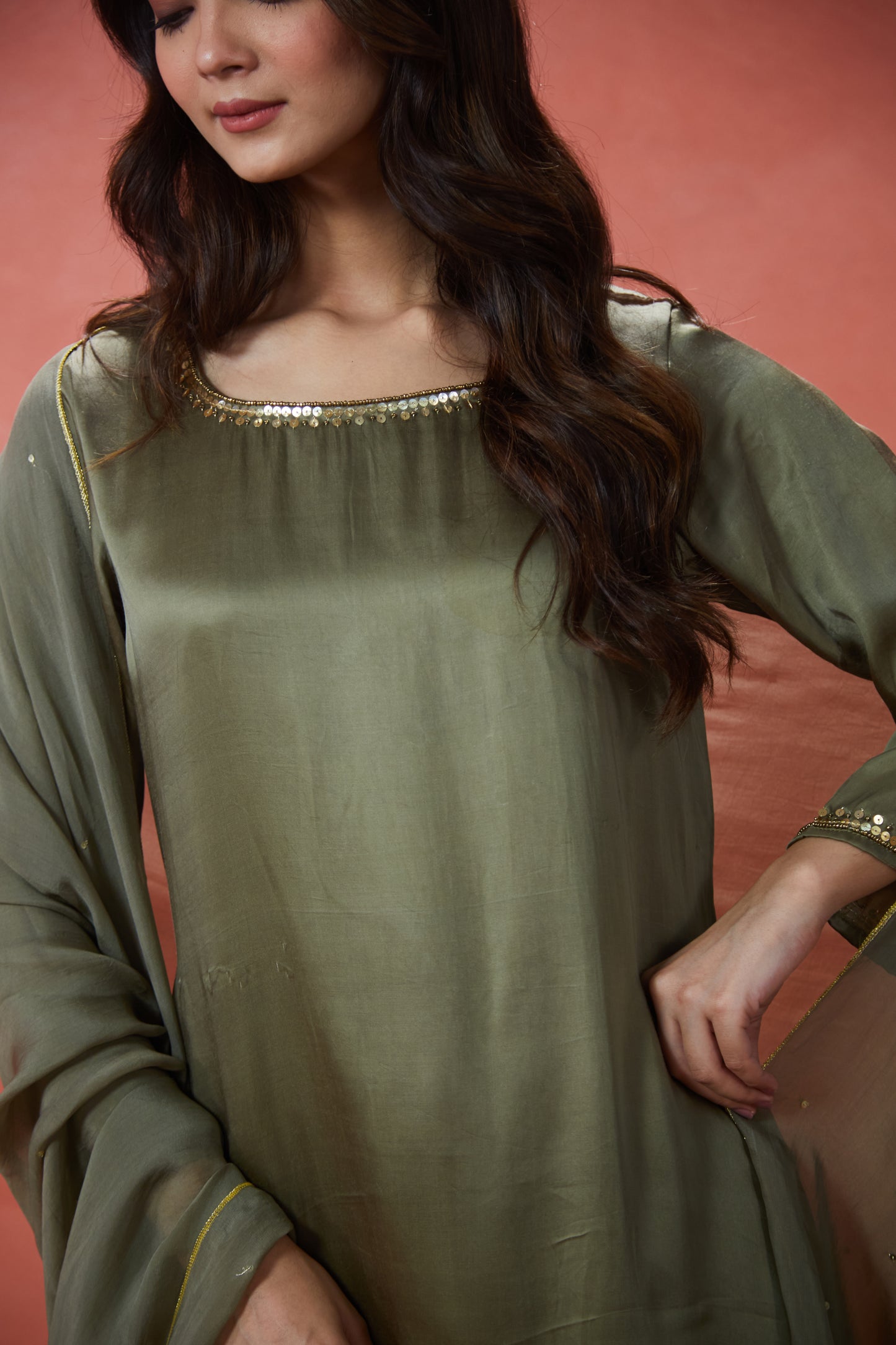 Sunehri Olive Green Embroidered Suit Set (Set Of Three)