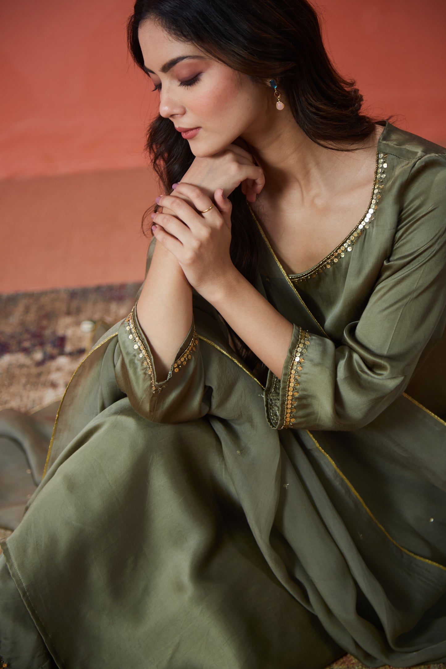 Sunehri Olive Green Embroidered Suit Set (Set Of Three)