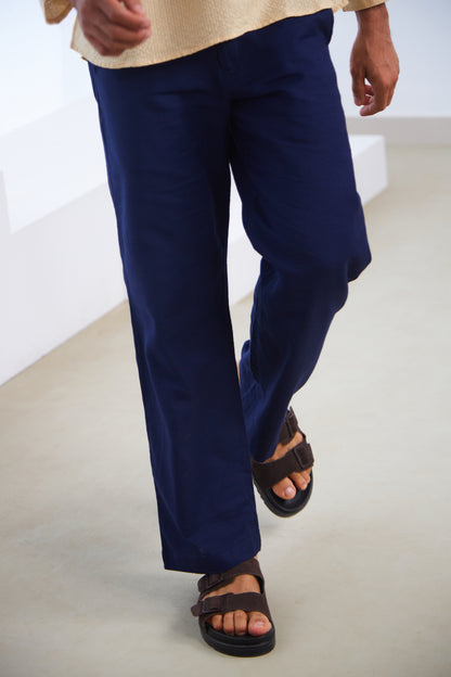 Navy Blue Linen Straight Fit Pants