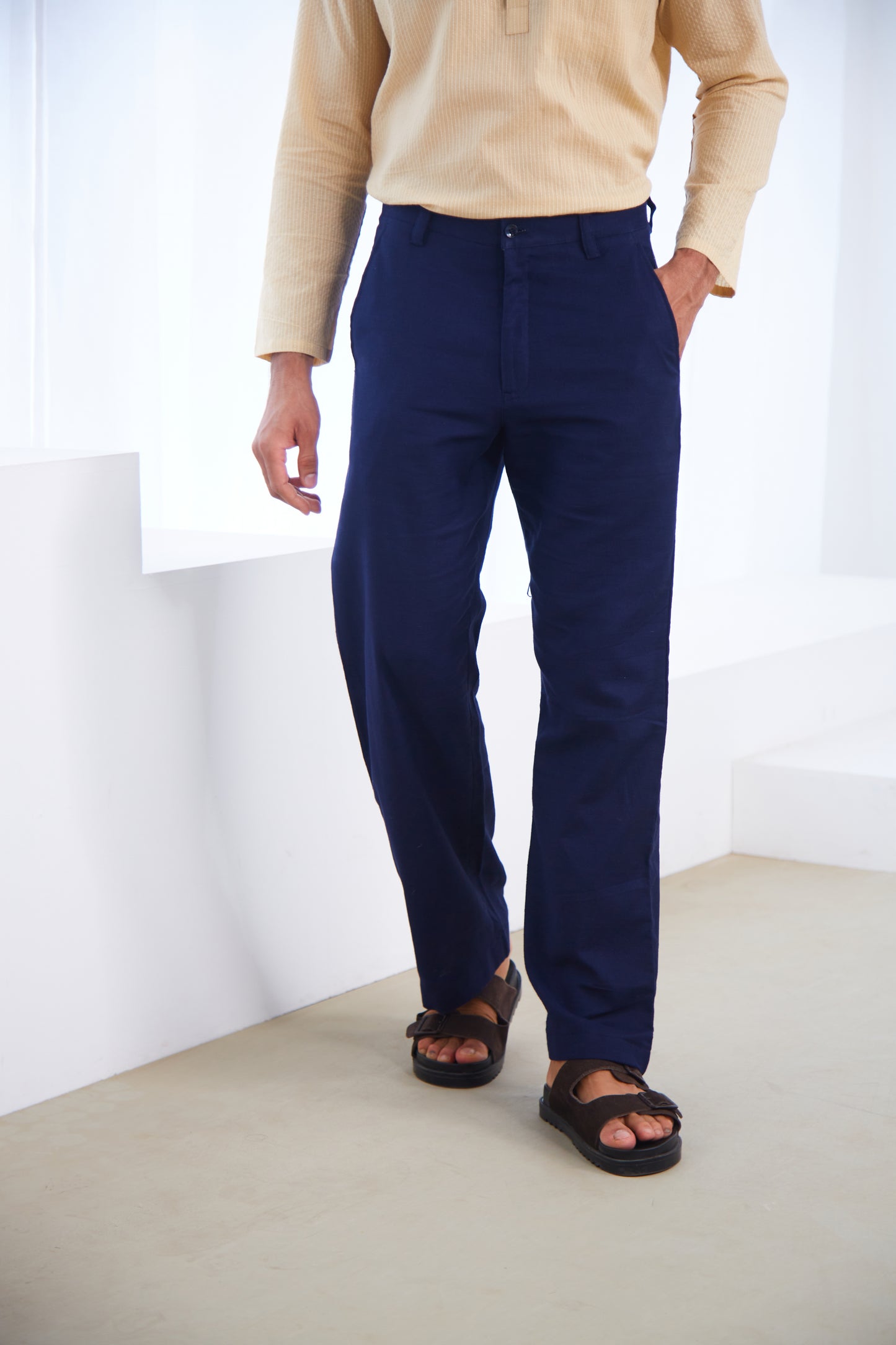 Navy Blue Linen Straight Fit Pants