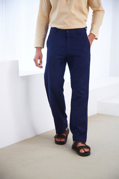 Navy Blue Linen Straight Fit Pants