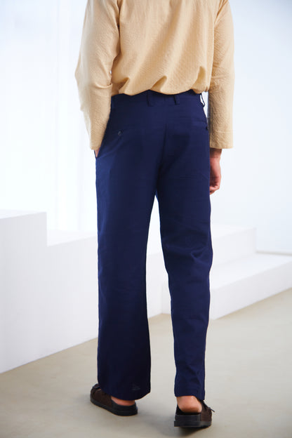 Navy Blue Linen Straight Fit Pants