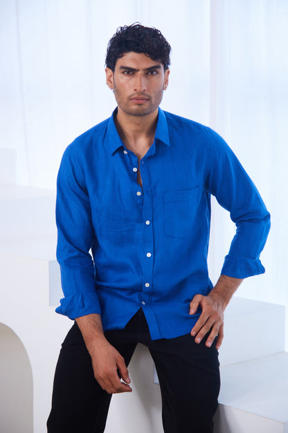 Men’s Solid Blue Pure Linen Shirt