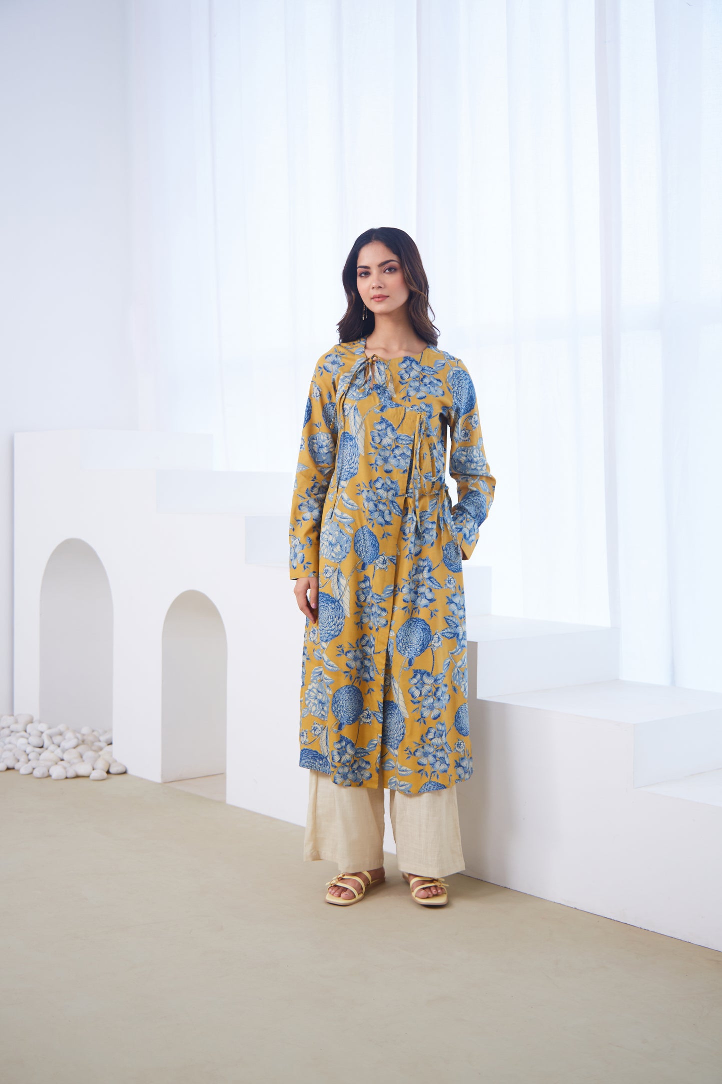 Mustard Bloom Tie-Up Tunic Set (Set Of Two)