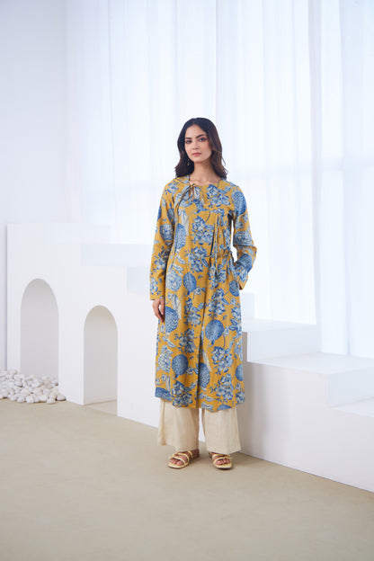 Mustard Bloom Tie-Up Tunic Set (Set Of Two)