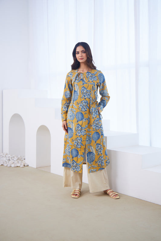 Mustard Bloom Tie-Up Tunic Set (Set Of Two)