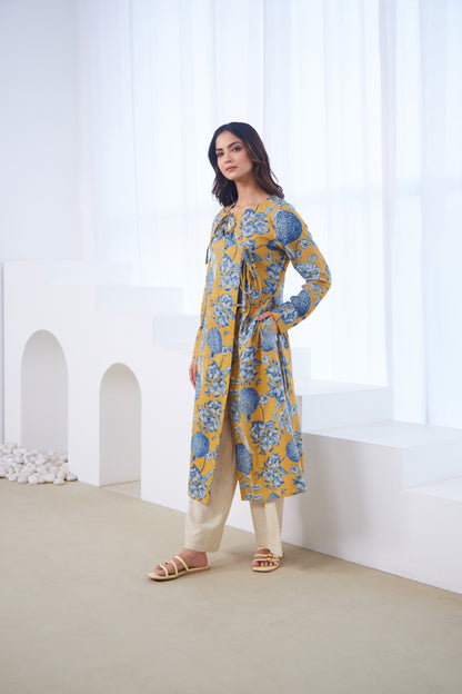 Mustard Bloom Tie-Up Tunic Set (Set Of Two)