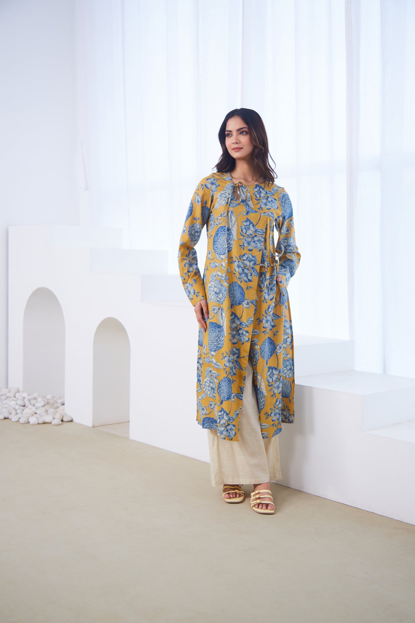 Mustard Bloom Tie-Up Tunic Set (Set Of Two)