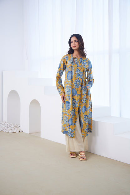 Mustard Bloom Tie-Up Tunic Set (Set Of Two)