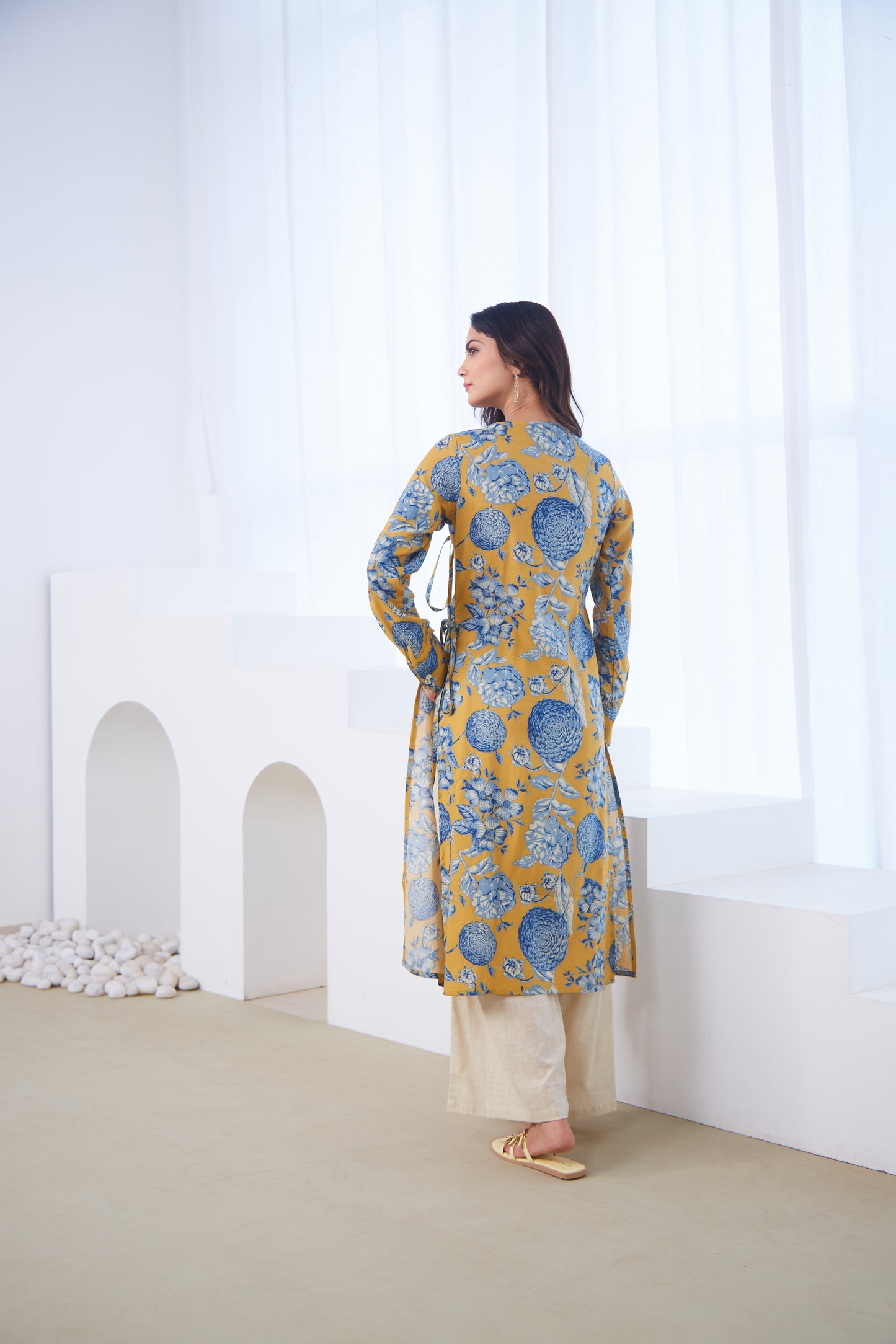 Mustard Bloom Tie-Up Tunic Set (Set Of Two)