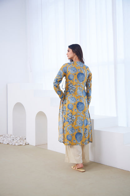Mustard Bloom Tie-Up Tunic Set (Set Of Two)