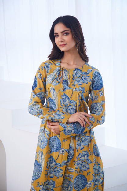 Mustard Bloom Tie-Up Tunic Set (Set Of Two)