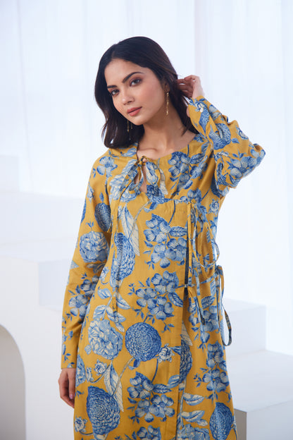 Mustard Bloom Tie-Up Tunic Set (Set Of Two)