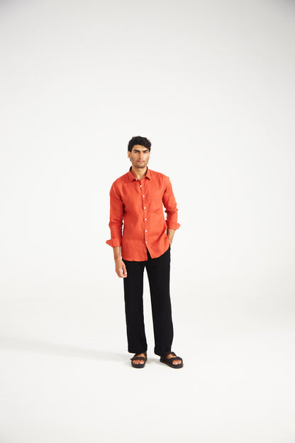 Men’s Solid Rust Orange Pure Linen Shirt