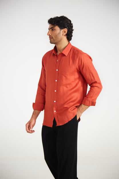 Men’s Solid Rust Orange Pure Linen Shirt