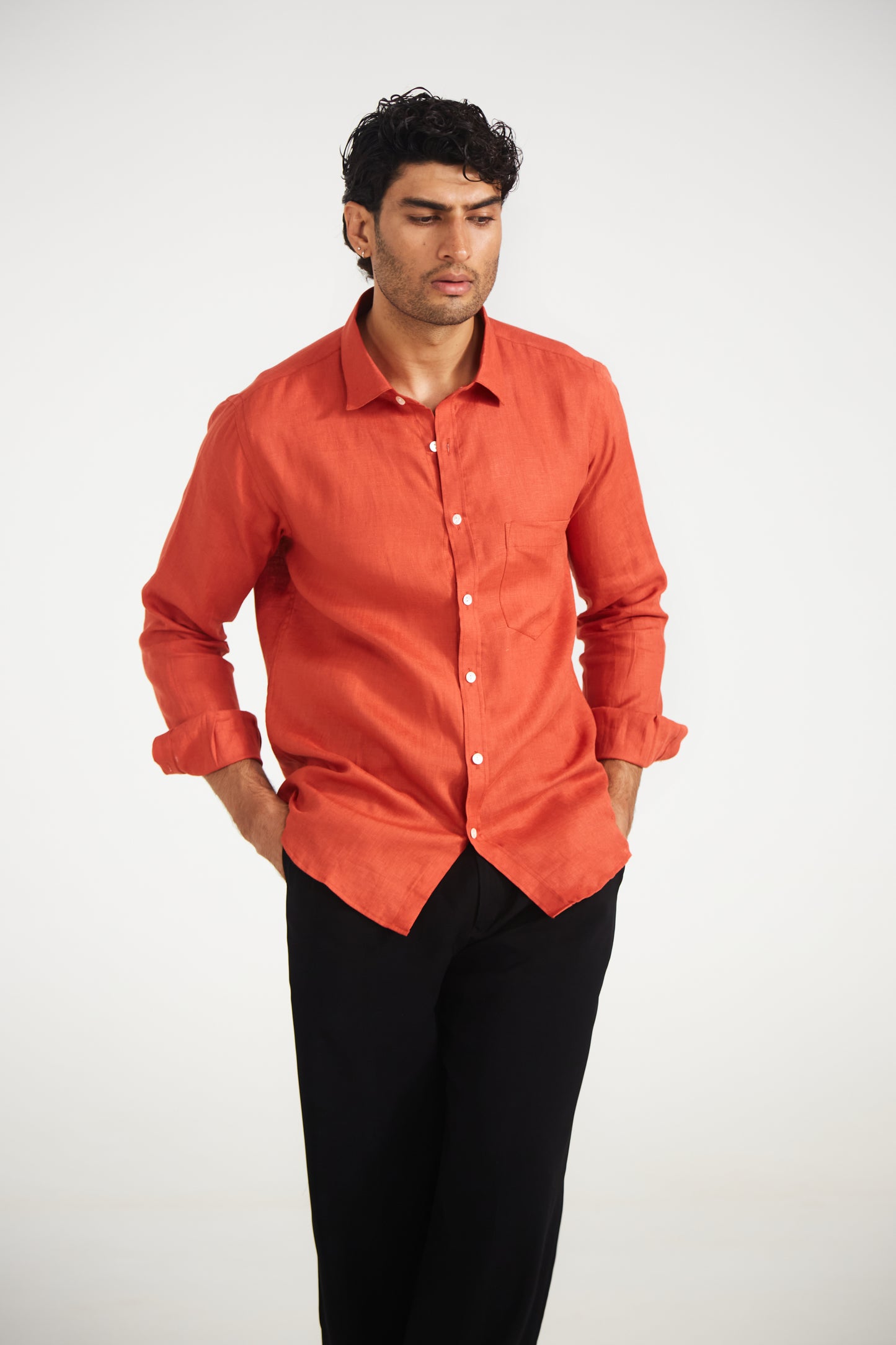 Men’s Solid Rust Orange Pure Linen Shirt