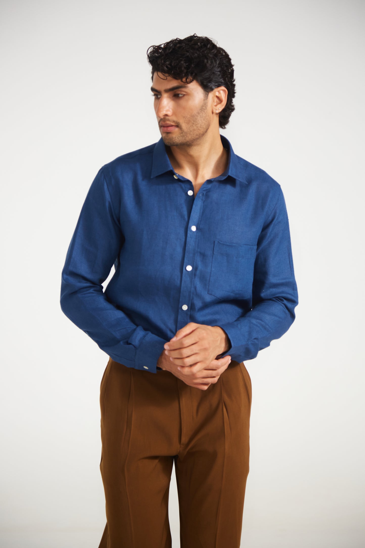 Men’s Solid Dark Blue Pure Linen Shirt